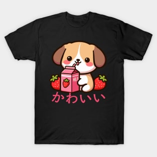 Kawaii Dog Drinking Strawberry Milk T-Shirt